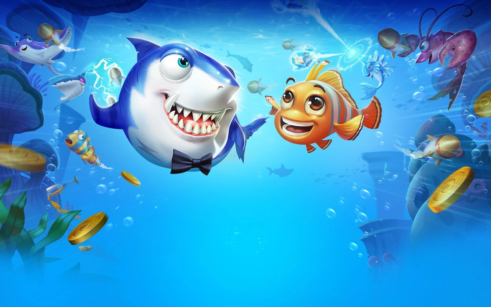 ภาพเกมยิงปลาที่มีปลาหลายชนิดเคลื่อนผ่านหน้าจอใต้น้ำ